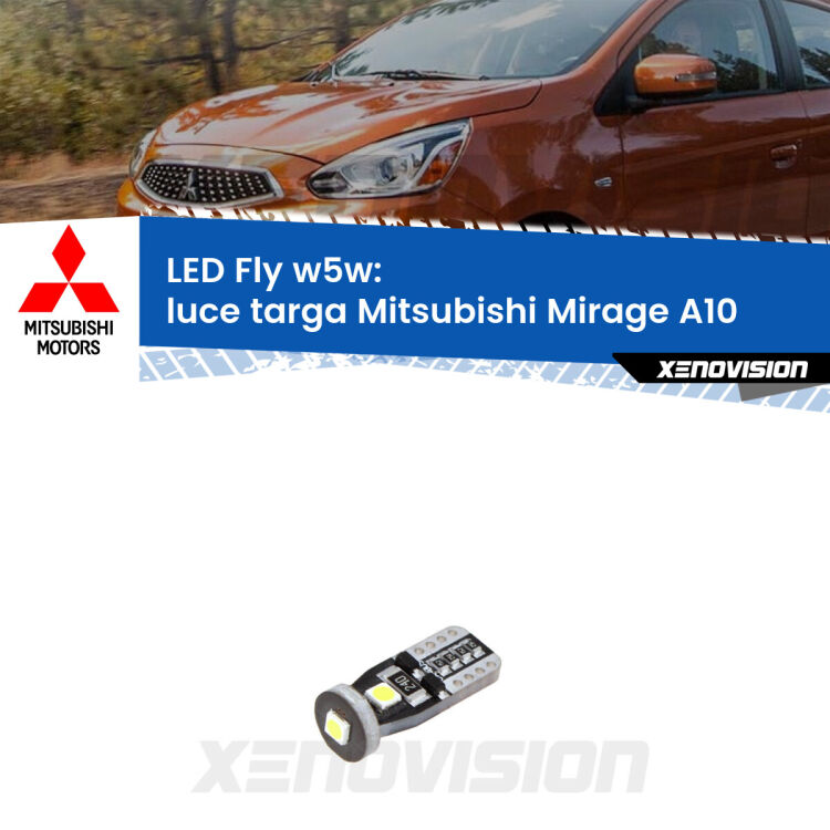 <strong>luce targa LED per Mitsubishi Mirage</strong> A10 2013 in poi. Coppia lampadine <strong>w5w</strong> Canbus compatte modello Fly Xenovision.