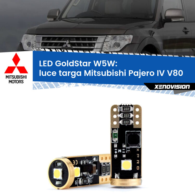 0 Luce Targa LED Mitsubishi Pajero IV V80 2007 - 2021: T10 GoldStar <strong>Luce Targa LED Mitsubishi Pajero IV</strong> V80 2007 - 2021: ottima luminosità a 360 gradi. Si inseriscono ovunque. Canbus, Top Quality.
