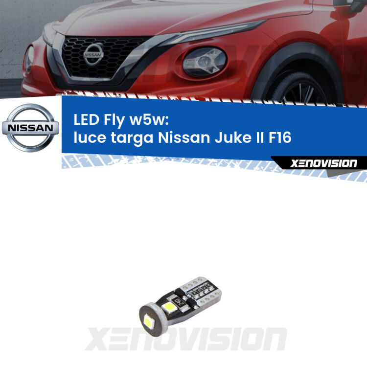 <strong>luce targa LED per Nissan Juke II</strong> F16 2019 in poi. Coppia lampadine <strong>w5w</strong> Canbus compatte modello Fly Xenovision.