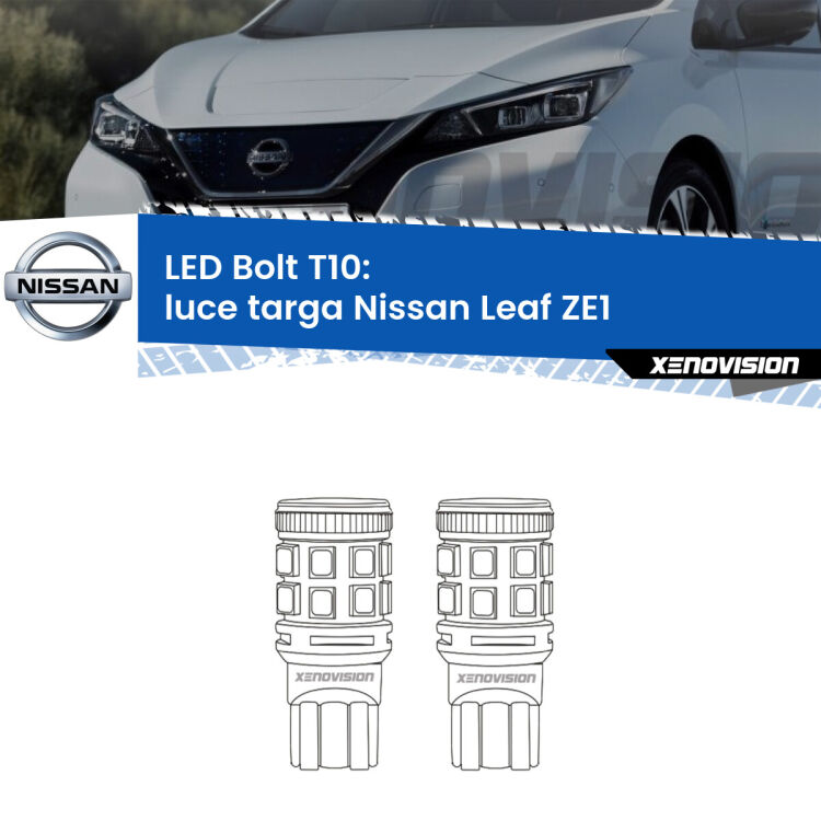 0 Luce Targa LED Nissan Leaf ZE1 2017 in poi: T10 Bolt <strong>Luce Targa LED per Nissan Leaf</strong> ZE1 2017 in poi. Coppia lampade <strong>T10</strong> modello Bolt canbus.