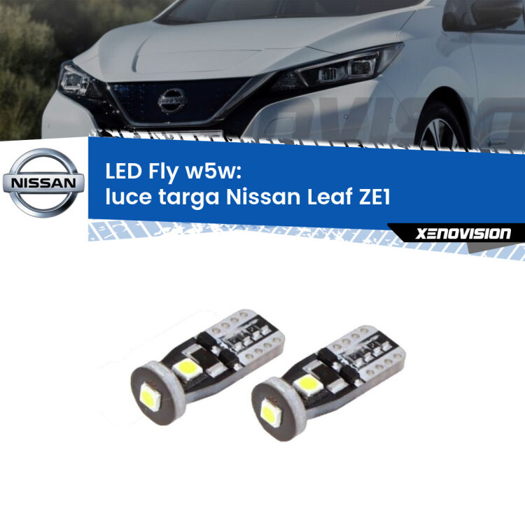 0 Luce Targa LED Nissan Leaf ZE1 2017 in poi: W5W Fly <strong>luce targa LED per Nissan Leaf</strong> ZE1 2017 in poi. Coppia lampadine <strong>w5w</strong> Canbus compatte modello Fly Xenovision.