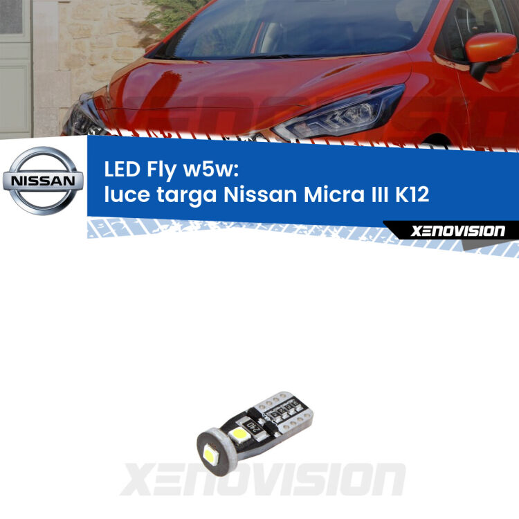 <strong>luce targa LED per Nissan Micra III</strong> K12 2002 - 2010. Coppia lampadine <strong>w5w</strong> Canbus compatte modello Fly Xenovision.