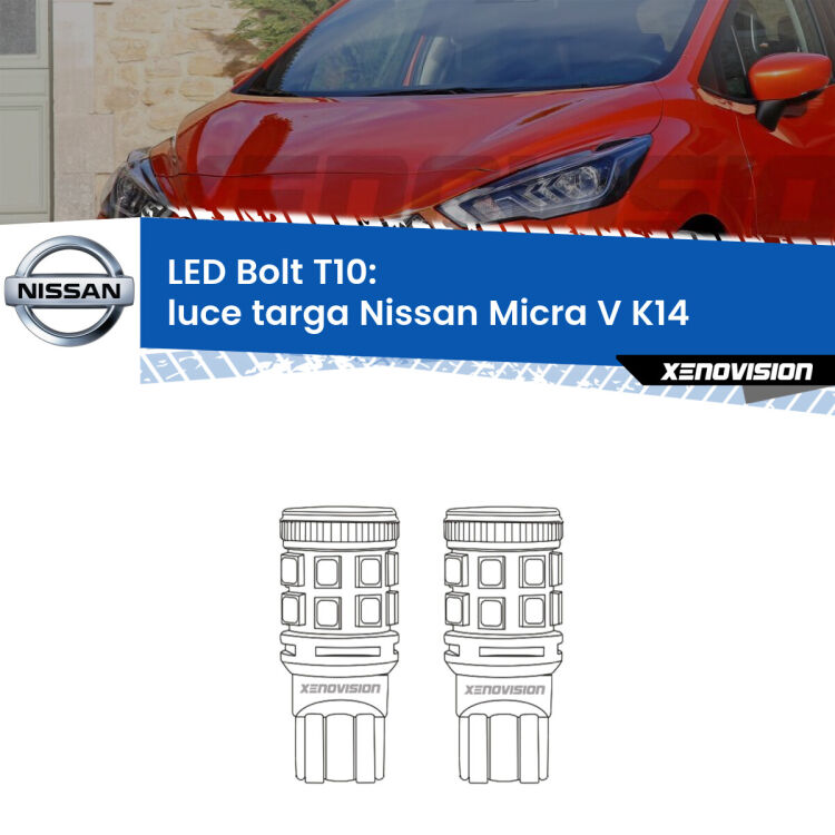 0 Luce Targa LED Nissan Micra V K14 2016 in poi: T10 Bolt <strong>Luce Targa LED per Nissan Micra V</strong> K14 2016 in poi. Coppia lampade <strong>T10</strong> modello Bolt canbus.