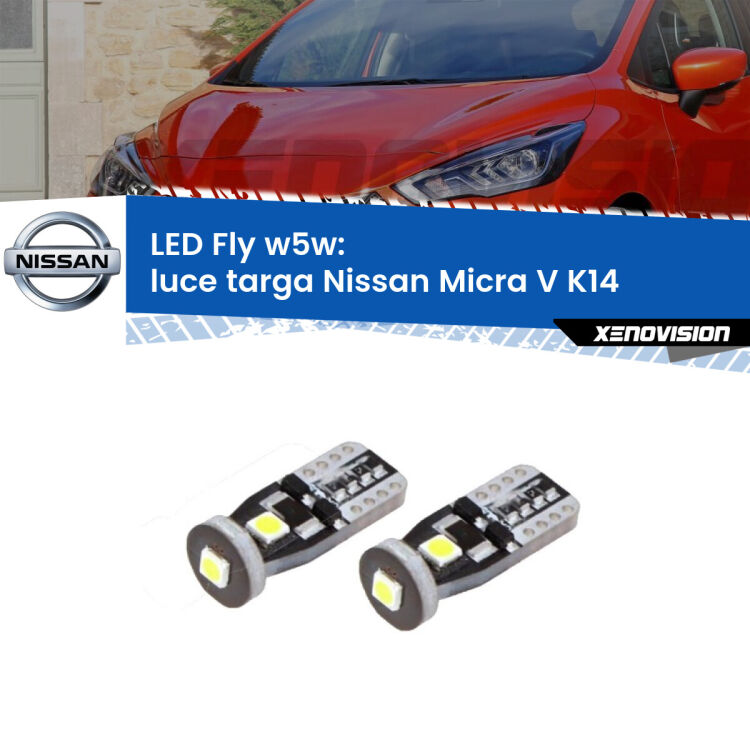0 Luce Targa LED Nissan Micra V K14 2016 in poi: W5W Fly <strong>luce targa LED per Nissan Micra V</strong> K14 2016 in poi. Coppia lampadine <strong>w5w</strong> Canbus compatte modello Fly Xenovision.