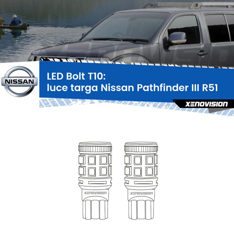 0 Luce Targa LED Nissan Pathfinder III R51 2005 - 2011: T10 Bolt <strong>Luce Targa LED per Nissan Pathfinder III</strong> R51 2005 - 2011. Coppia lampade <strong>T10</strong> modello Bolt canbus.