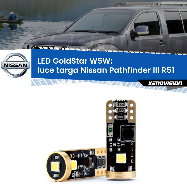 0 Luce Targa LED Nissan Pathfinder III R51 2005 - 2011: T10 GoldStar <strong>Luce Targa LED Nissan Pathfinder III</strong> R51 2005 - 2011: ottima luminosità a 360 gradi. Si inseriscono ovunque. Canbus, Top Quality.