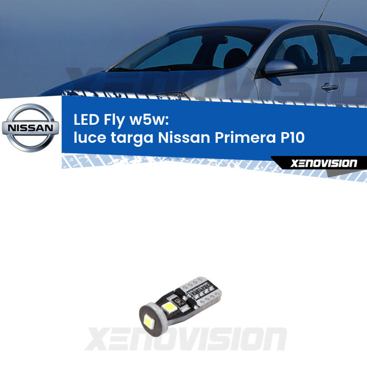 <strong>luce targa LED per Nissan Primera</strong> P10 1990 - 1996. Coppia lampadine <strong>w5w</strong> Canbus compatte modello Fly Xenovision.