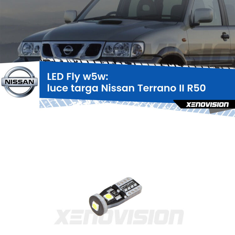 <strong>luce targa LED per Nissan Terrano II</strong> R50 1997 - 2004. Coppia lampadine <strong>w5w</strong> Canbus compatte modello Fly Xenovision.