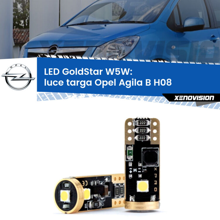 0 Luce Targa LED Opel Agila B H08 2008 - 2014: T10 GoldStar <strong>Luce Targa LED Opel Agila B</strong> H08 2008 - 2014: ottima luminosità a 360 gradi. Si inseriscono ovunque. Canbus, Top Quality.