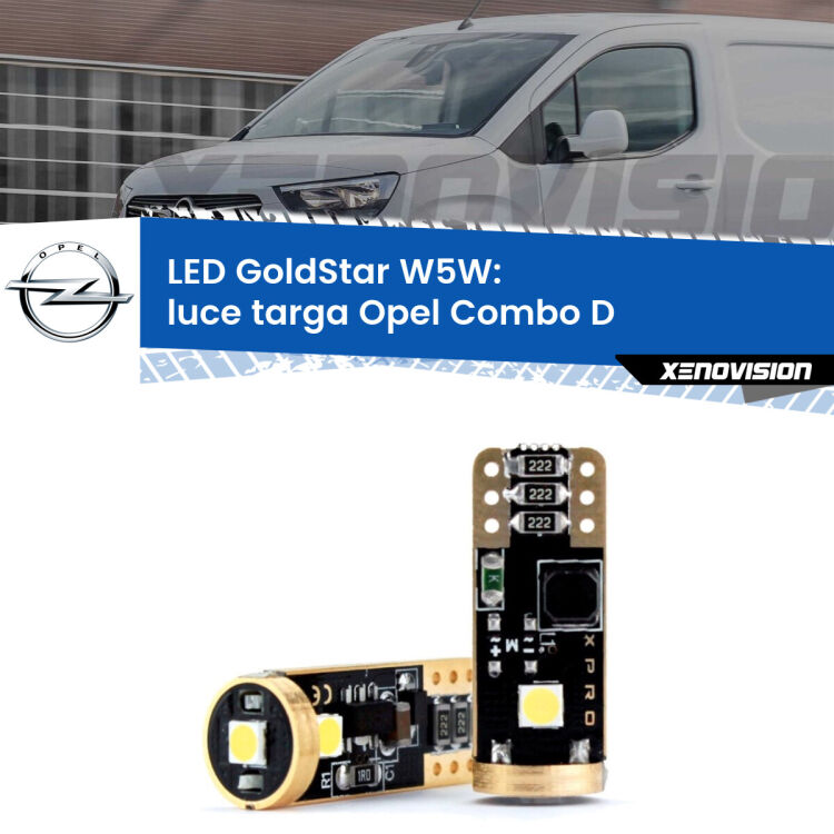 0 Luce Targa LED Opel Combo D  2012 - 2018: T10 GoldStar <strong>Luce Targa LED Opel Combo D</strong>  2012 - 2018: ottima luminosità a 360 gradi. Si inseriscono ovunque. Canbus, Top Quality.