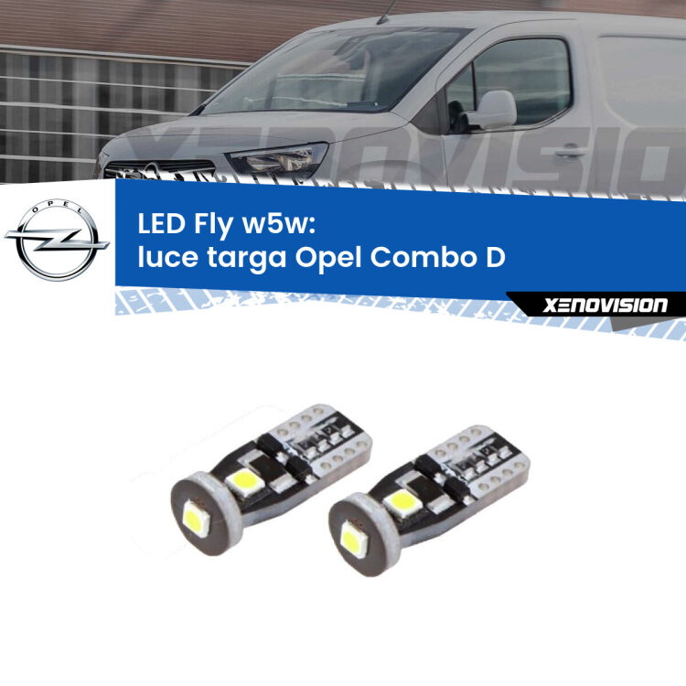 0 Luce Targa LED Opel Combo D  2012 - 2018: W5W Fly <strong>luce targa LED per Opel Combo D</strong>  2012 - 2018. Coppia lampadine <strong>w5w</strong> Canbus compatte modello Fly Xenovision.