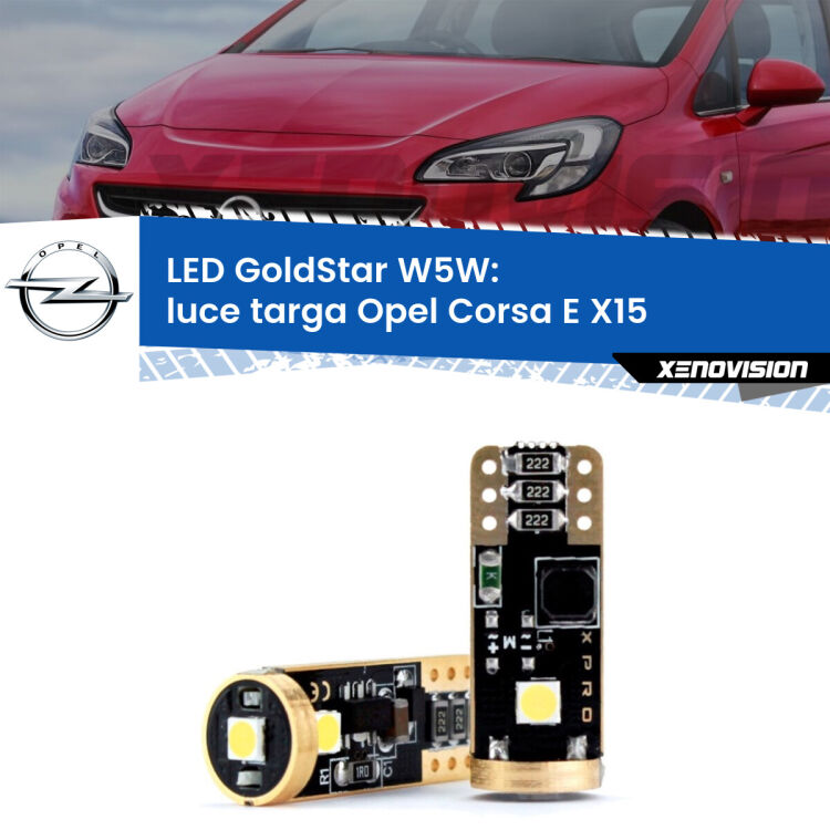 0 Luce Targa LED Opel Corsa E X15 2014 - 2019: T10 GoldStar <strong>Luce Targa LED Opel Corsa E</strong> X15 2014 - 2019: ottima luminosità a 360 gradi. Si inseriscono ovunque. Canbus, Top Quality.