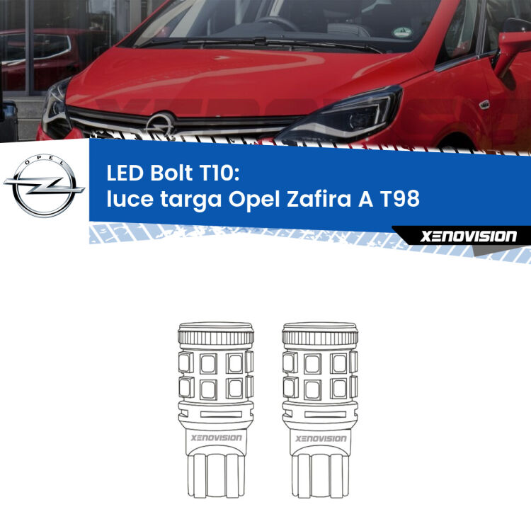 0 Luce Targa LED Opel Zafira A T98 2003 - 2005: T10 Bolt <strong>Luce Targa LED per Opel Zafira A</strong> T98 2003 - 2005. Coppia lampade <strong>T10</strong> modello Bolt canbus.
