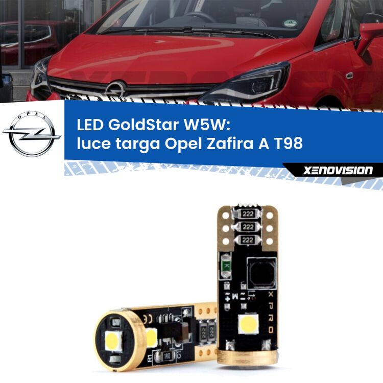 0 Luce Targa LED Opel Zafira A T98 2003 - 2005: T10 GoldStar <strong>Luce Targa LED Opel Zafira A</strong> T98 2003 - 2005: ottima luminosità a 360 gradi. Si inseriscono ovunque. Canbus, Top Quality.