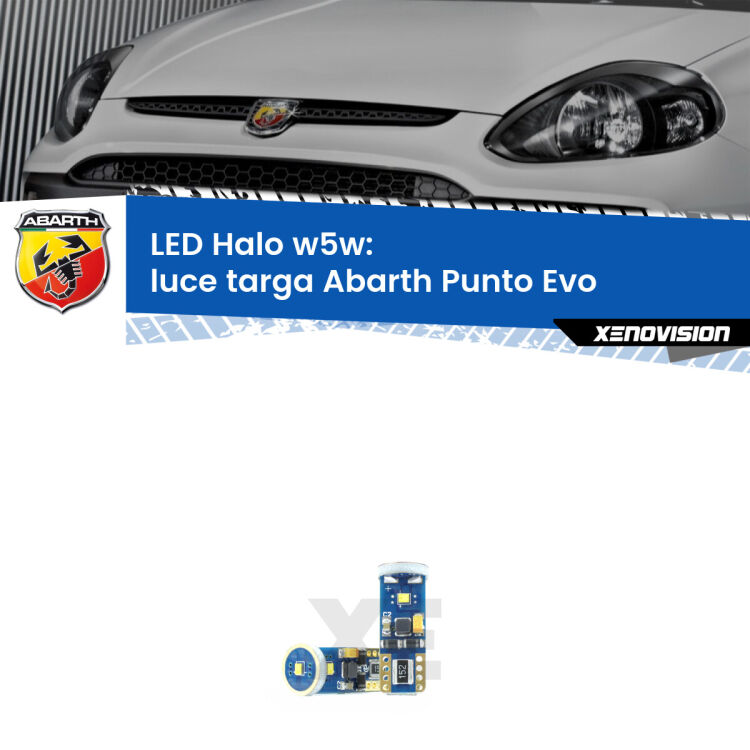 0 Luce Targa LED per Abarth Punto Evo 2010 - 2014: W5W Halo <strong>LED luce targa per Abarth Punto Evo</strong> 2010 - 2014. Lampade <strong>W5W</strong> modello Halo Xenovision con chip led Philips.