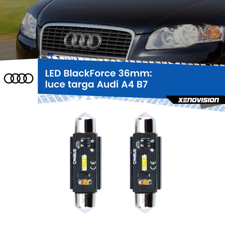 0 Luce Targa LED per Audi A4 B7 2004 - 2008: C5W BlackForce 36mm (Coppia) <strong>Luce Targa LED per Audi A4</strong> B7 2004 - 2008. Coppia lampade <strong>C5W</strong> 36mm modello BlackForce canbus.