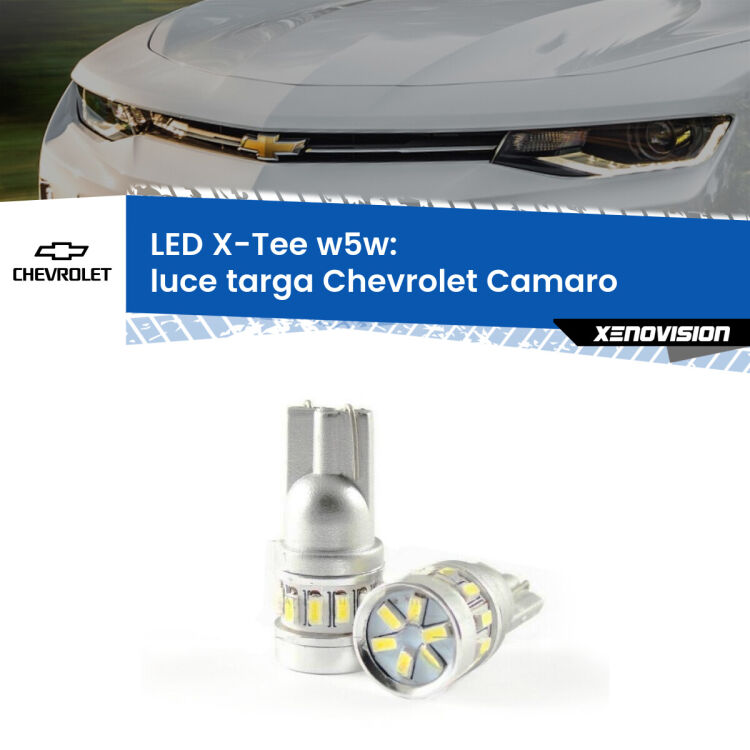 0 Luce Targa LED per Chevrolet Camaro  2015 in poi: W5W X-Tee <strong>LED luce targa per Chevrolet Camaro</strong>  2015 in poi. Lampade <strong>W5W</strong> modello X-Tee Xenovision top di gamma.