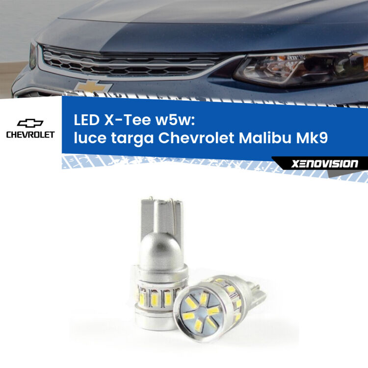 0 Luce Targa LED per Chevrolet Malibu Mk9 2016 in poi: W5W X-Tee <strong>LED luce targa per Chevrolet Malibu</strong> Mk9 2016 in poi. Lampade <strong>W5W</strong> modello X-Tee Xenovision top di gamma.