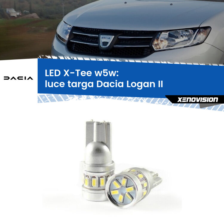 0 Luce Targa LED per Dacia Logan II 2012 in poi: W5W X-Tee <strong>LED luce targa per Dacia Logan</strong> II 2012 in poi. Lampade <strong>W5W</strong> modello X-Tee Xenovision top di gamma.