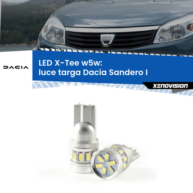 0 Luce Targa LED per Dacia Sandero I 2008 - 2012: W5W X-Tee <strong>LED luce targa per Dacia Sandero I</strong> 2008 - 2012. Lampade <strong>W5W</strong> modello X-Tee Xenovision top di gamma.