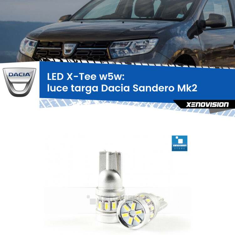 <strong>LED luce targa per Dacia Sandero</strong> Mk2 2012 in poi. Lampade <strong>W5W</strong> modello X-Tee Xenovision top di gamma.