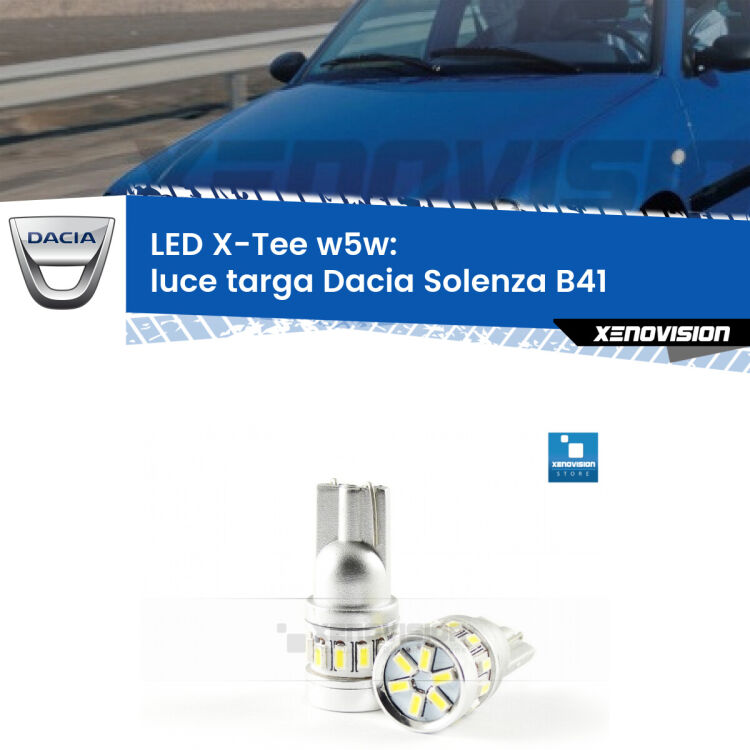 <strong>LED luce targa per Dacia Solenza</strong> B41 2003 in poi. Lampade <strong>W5W</strong> modello X-Tee Xenovision top di gamma.