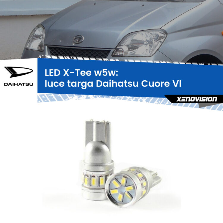 0 Luce Targa LED per Daihatsu Cuore VI 2003 - 2007: W5W X-Tee <strong>LED luce targa per Daihatsu Cuore VI</strong> 2003 - 2007. Lampade <strong>W5W</strong> modello X-Tee Xenovision top di gamma.