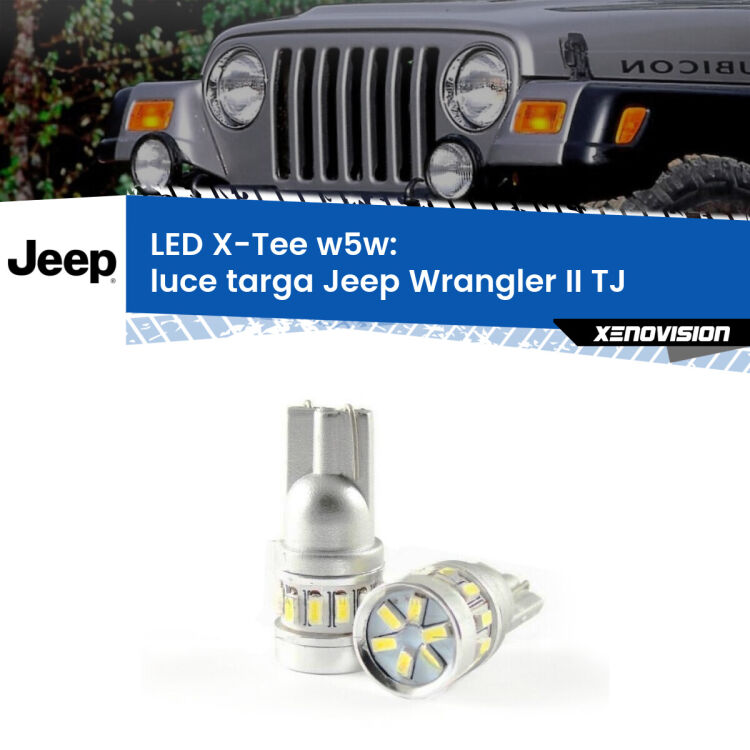 0 Luce Targa LED per Jeep Wrangler II TJ 1996 - 2005: W5W X-Tee <strong>LED luce targa per Jeep Wrangler II</strong> TJ 1996 - 2005. Lampade <strong>W5W</strong> modello X-Tee Xenovision top di gamma.