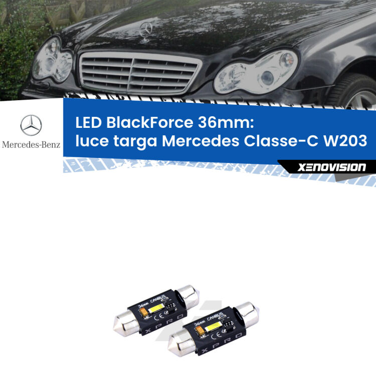 <strong>LED luce targa 36mm per Mercedes Classe-C</strong> W203 2000 - 2007. Coppia lampadine <strong>C5W</strong>modello BlackForce Xenovision.