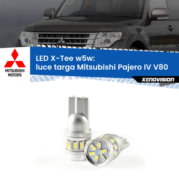 0 Luce Targa LED per Mitsubishi Pajero IV V80 2007 - 2021: W5W X-Tee <strong>LED luce targa per Mitsubishi Pajero IV</strong> V80 2007 - 2021. Lampade <strong>W5W</strong> modello X-Tee Xenovision top di gamma.