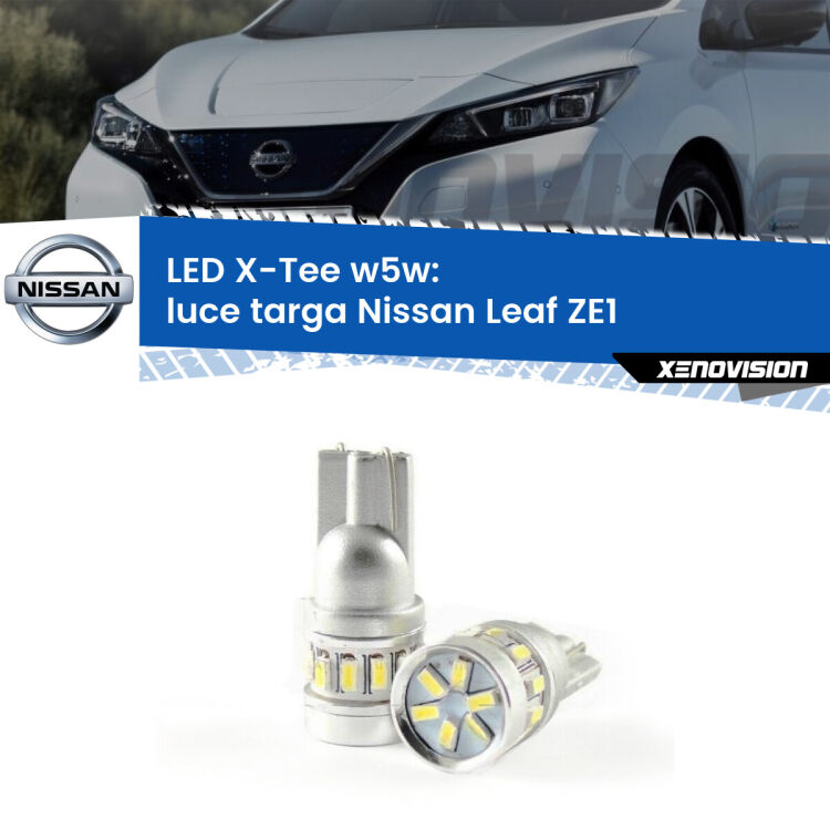 0 Luce Targa LED per Nissan Leaf ZE1 2017 in poi: W5W X-Tee <strong>LED luce targa per Nissan Leaf</strong> ZE1 2017 in poi. Lampade <strong>W5W</strong> modello X-Tee Xenovision top di gamma.