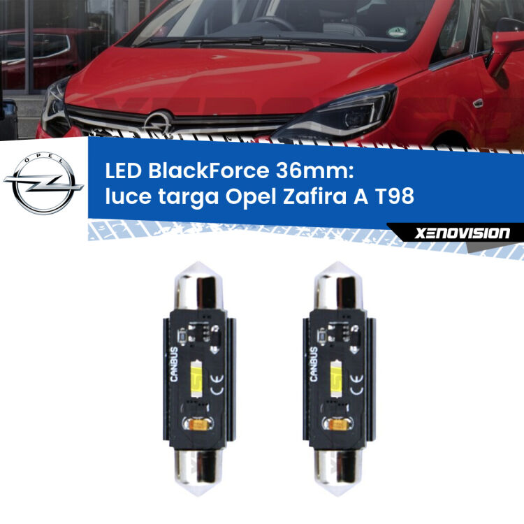 0 Luce Targa LED per Opel Zafira A T98 1999 - 2003: C5W BlackForce 36mm (Coppia) <strong>Luce Targa LED per Opel Zafira A</strong> T98 1999 - 2003. Coppia lampade <strong>C5W</strong> 36mm modello BlackForce canbus.