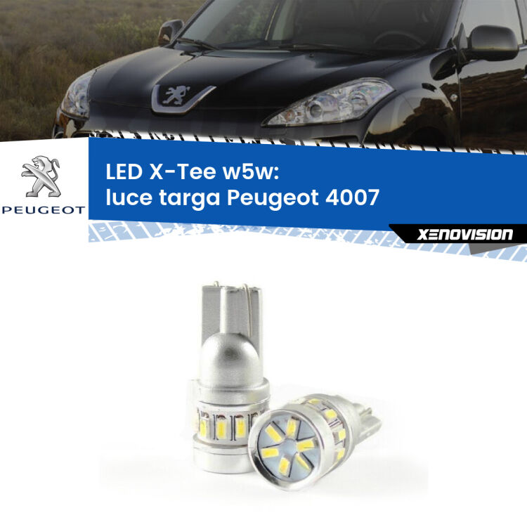 0 Luce Targa LED per Peugeot 4007 2007 - 2012: W5W X-Tee <strong>LED luce targa per Peugeot 4007</strong> 2007 - 2012. Lampade <strong>W5W</strong> modello X-Tee Xenovision top di gamma.