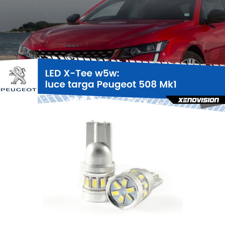 0 Luce Targa LED per Peugeot 508 Mk1 2010 - 2017: W5W X-Tee <strong>LED luce targa per Peugeot 508</strong> Mk1 2010 - 2017. Lampade <strong>W5W</strong> modello X-Tee Xenovision top di gamma.