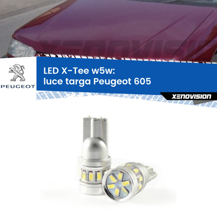 0 Luce Targa LED per Peugeot 605 1989 - 1999: W5W X-Tee <strong>LED luce targa per Peugeot 605</strong> 1989 - 1999. Lampade <strong>W5W</strong> modello X-Tee Xenovision top di gamma.