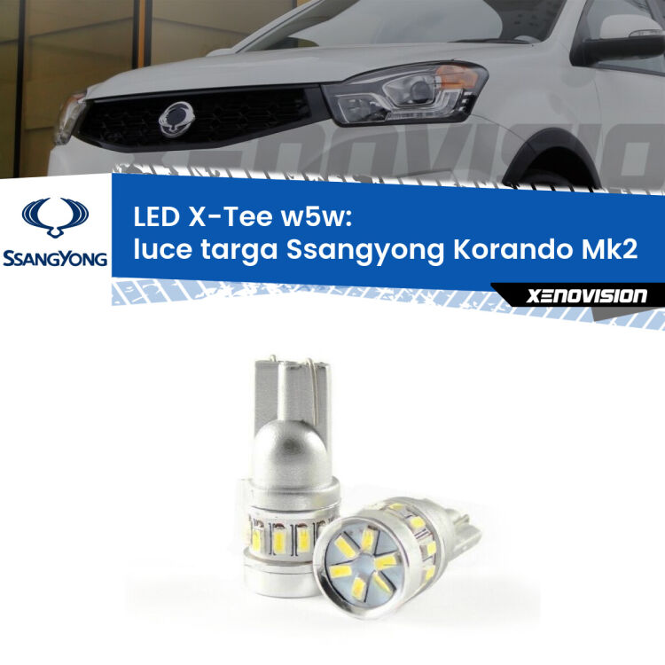 0 Luce Targa LED per Ssangyong Korando Mk2 1996 - 2006: W5W X-Tee <strong>LED luce targa per Ssangyong Korando</strong> Mk2 1996 - 2006. Lampade <strong>W5W</strong> modello X-Tee Xenovision top di gamma.
