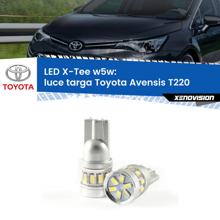 0 Luce Targa LED per Toyota Avensis T220 1997 - 2003: W5W X-Tee <strong>LED luce targa per Toyota Avensis</strong> T220 1997 - 2003. Lampade <strong>W5W</strong> modello X-Tee Xenovision top di gamma.