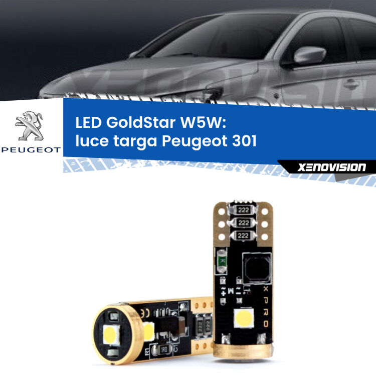 0 Luce Targa LED Peugeot 301 2012 - 2017: T10 GoldStar <strong>Luce Targa LED Peugeot 301</strong> 2012 - 2017: ottima luminosità a 360 gradi. Si inseriscono ovunque. Canbus, Top Quality.