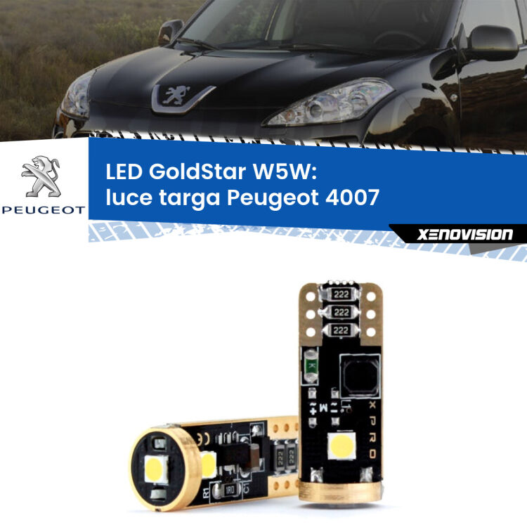 0 Luce Targa LED Peugeot 4007  2007 - 2012: T10 GoldStar <strong>Luce Targa LED Peugeot 4007</strong>  2007 - 2012: ottima luminosità a 360 gradi. Si inseriscono ovunque. Canbus, Top Quality.
