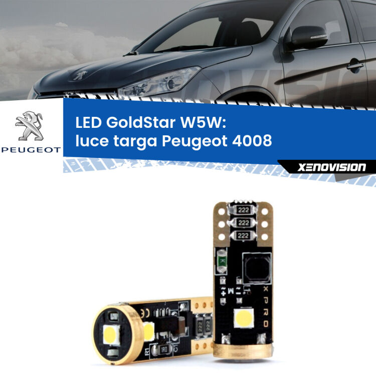 0 Luce Targa LED Peugeot 4008 2012 in poi: T10 GoldStar <strong>Luce Targa LED Peugeot 4008</strong> 2012 in poi: ottima luminosità a 360 gradi. Si inseriscono ovunque. Canbus, Top Quality.