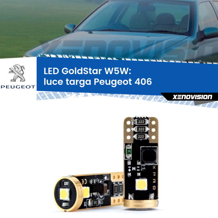 0 Luce Targa LED Peugeot 406 1995 - 2004: T10 GoldStar <strong>Luce Targa LED Peugeot 406</strong> 1995 - 2004: ottima luminosità a 360 gradi. Si inseriscono ovunque. Canbus, Top Quality.