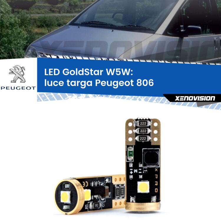 0 Luce Targa LED Peugeot 806 1994 - 2002: T10 GoldStar <strong>Luce Targa LED Peugeot 806</strong> 1994 - 2002: ottima luminosità a 360 gradi. Si inseriscono ovunque. Canbus, Top Quality.