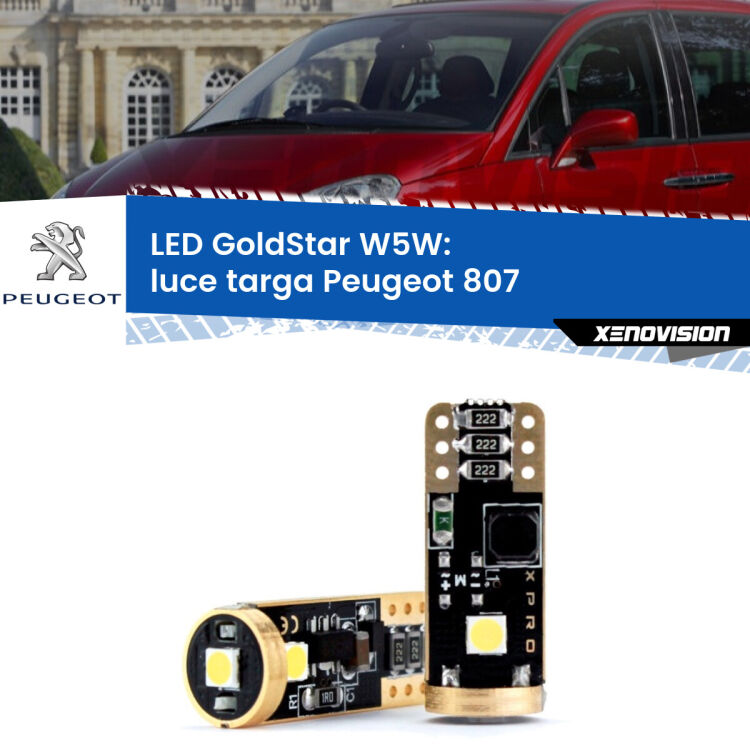 0 Luce Targa LED Peugeot 807 2002 - 2010: T10 GoldStar <strong>Luce Targa LED Peugeot 807</strong> 2002 - 2010: ottima luminosità a 360 gradi. Si inseriscono ovunque. Canbus, Top Quality.