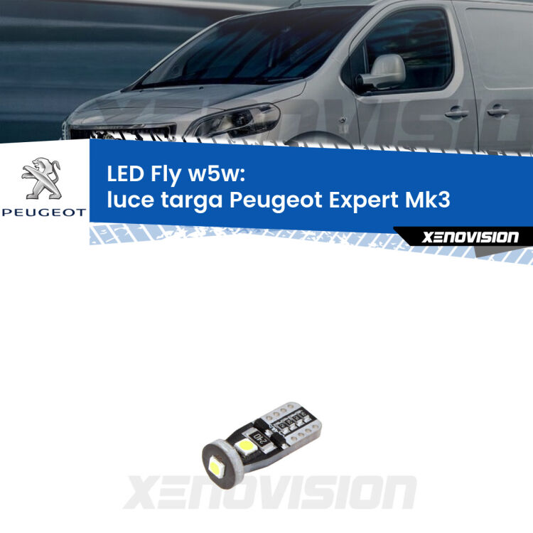 <strong>luce targa LED per Peugeot Expert</strong> Mk3 2016 in poi. Coppia lampadine <strong>w5w</strong> Canbus compatte modello Fly Xenovision.
