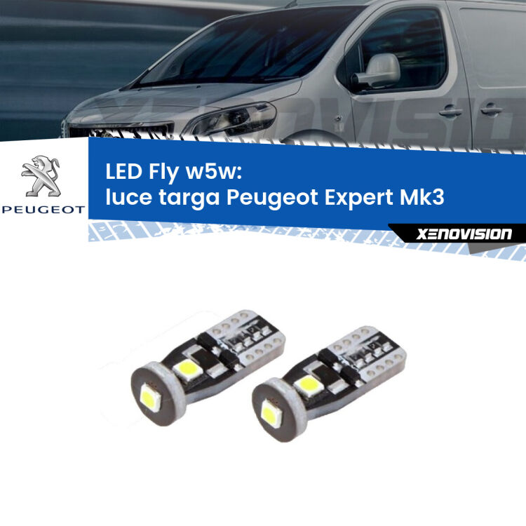 0 Luce Targa LED Peugeot Expert Mk3 2016 in poi: W5W Fly <strong>luce targa LED per Peugeot Expert</strong> Mk3 2016 in poi. Coppia lampadine <strong>w5w</strong> Canbus compatte modello Fly Xenovision.