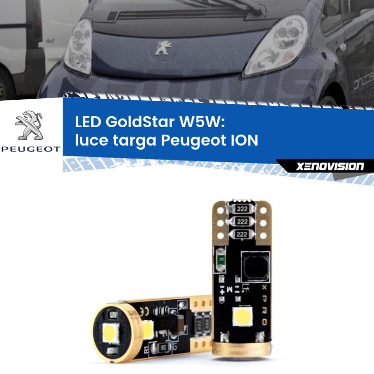 0 Luce Targa LED Peugeot ION 2010 - 2019: T10 GoldStar <strong>Luce Targa LED Peugeot ION</strong> 2010 - 2019: ottima luminosità a 360 gradi. Si inseriscono ovunque. Canbus, Top Quality.