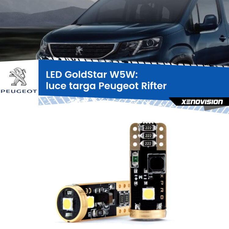 0 Luce Targa LED Peugeot Rifter 2018 in poi: T10 GoldStar <strong>Luce Targa LED Peugeot Rifter</strong> 2018 in poi: ottima luminosità a 360 gradi. Si inseriscono ovunque. Canbus, Top Quality.
