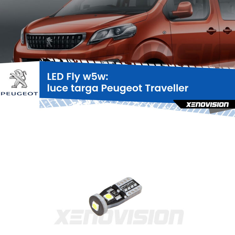 <strong>luce targa LED per Peugeot Traveller</strong>  2016 in poi. Coppia lampadine <strong>w5w</strong> Canbus compatte modello Fly Xenovision.