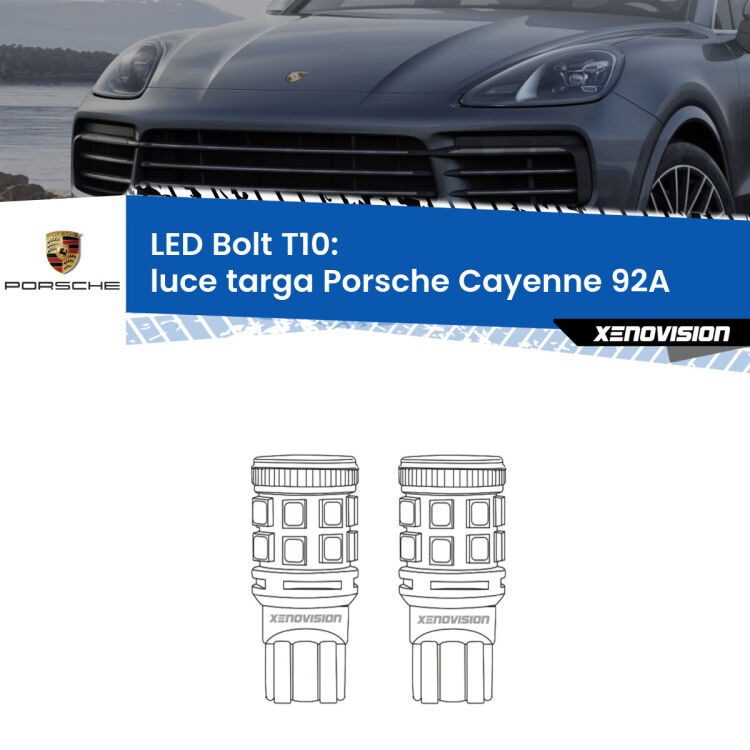 0 Luce Targa LED Porsche Cayenne 92A 2010 - 2014: T10 Bolt <strong>Luce Targa LED per Porsche Cayenne</strong> 92A 2010 - 2014. Coppia lampade <strong>T10</strong> modello Bolt canbus.