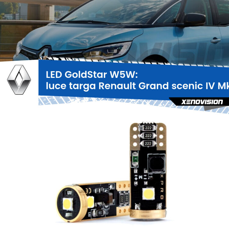 0 Luce Targa LED Renault Grand scenic IV Mk4 2016 - 2022: T10 GoldStar <strong>Luce Targa LED Renault Grand scenic IV</strong> Mk4 2016 - 2022: ottima luminosità a 360 gradi. Si inseriscono ovunque. Canbus, Top Quality.